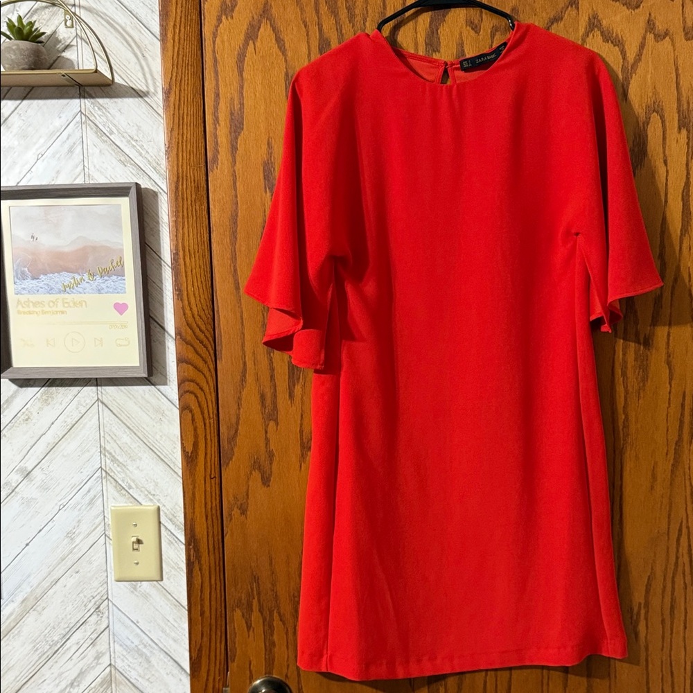 Zara Red Flutter Sleeve Shift Dress